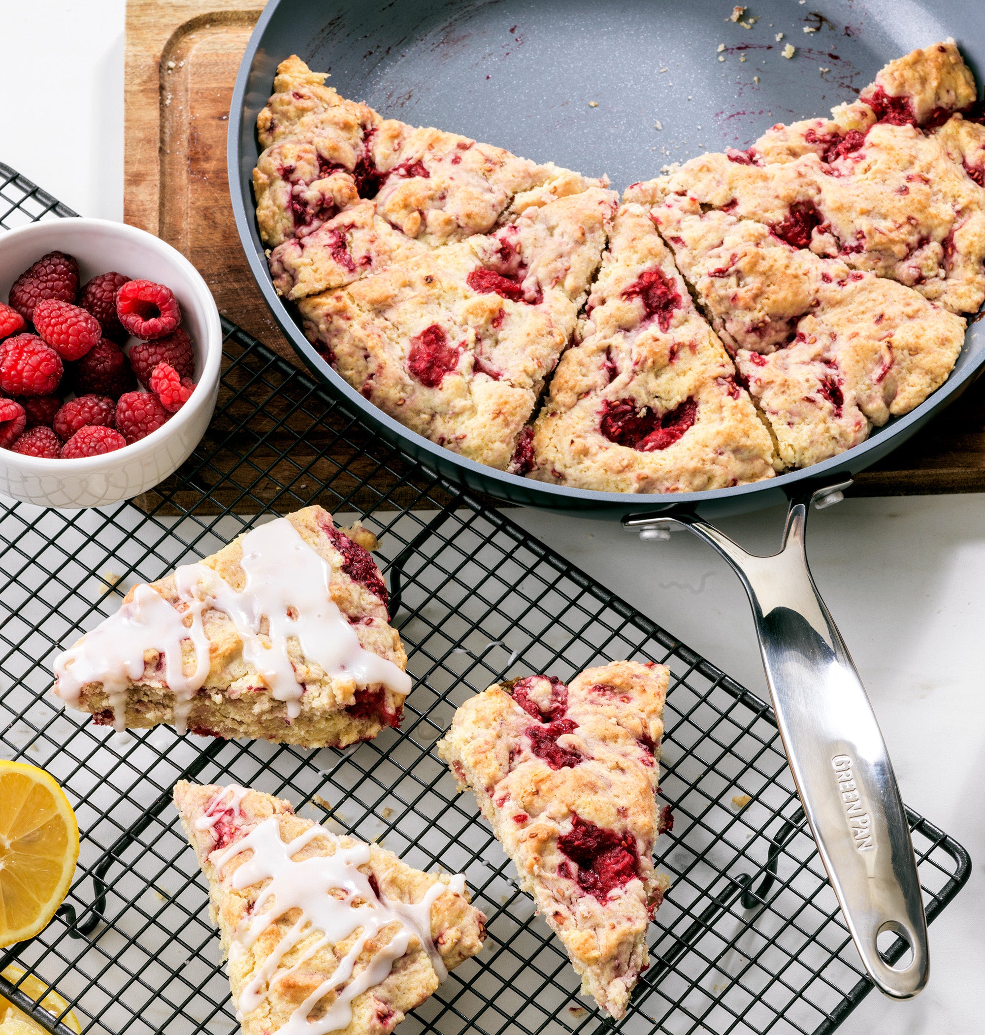 Skillet Raspberry Scones with Lemon Glaze