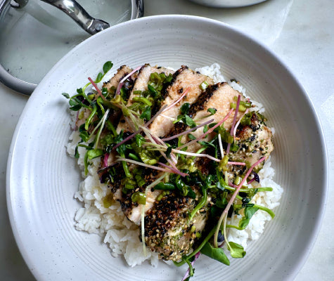 Furikake crusted tuna steak on a bed of white rice