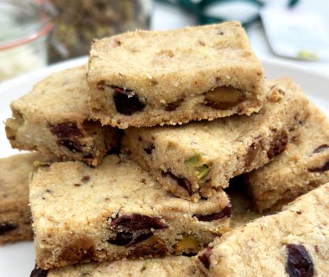 Cranberry-Orange, Pistachio and White Chocolate Shortbread