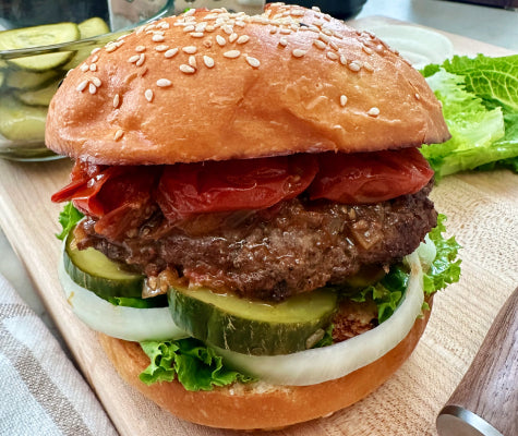 Wagyu Beef Burger with Quick Pickles and Slow Cooked Tomato Jam