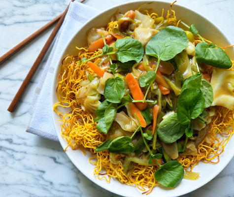 Crispy Hong Kong Style Noodles with Stir Fried Vegetables