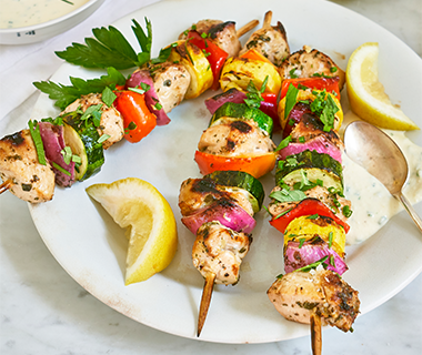 Mediterranean Chicken Kabobs with Vegetables and Feta Dip