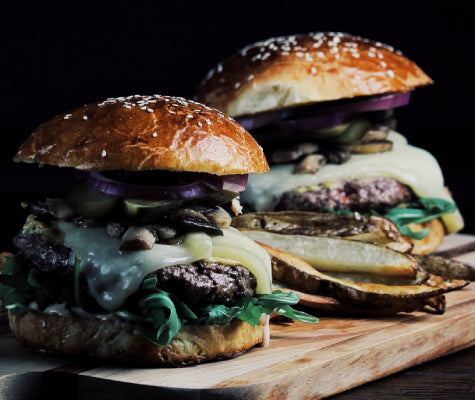 Bobby Flay's Brasserie Burger with Caramelized Onions, Mushrooms and Gruyere