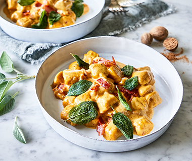 Sweet Potato Gnocchi with Pumpkin Sauce, Pancetta, & Fried Sage