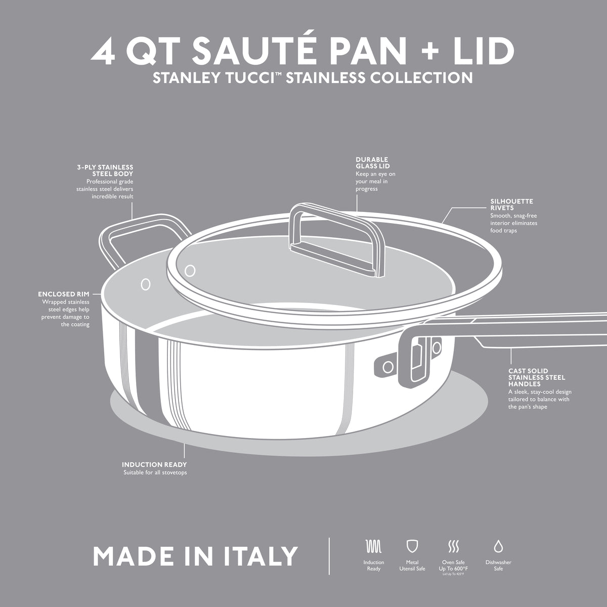 Stanley Tucci™ Stainless Steel 4-Quart Sauté Pan with Lid