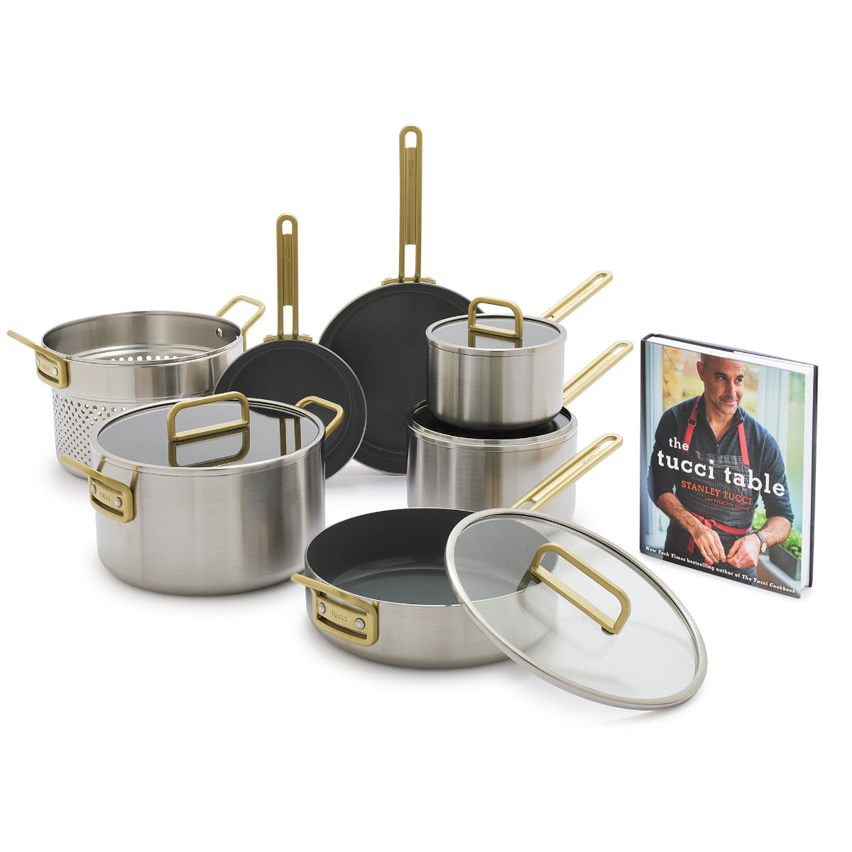 Stanley Tucci™ Stainless Steel Ceramic Nonstick 11-Piece Cookware Set with The Tucci Cookbook | Champagne Handles