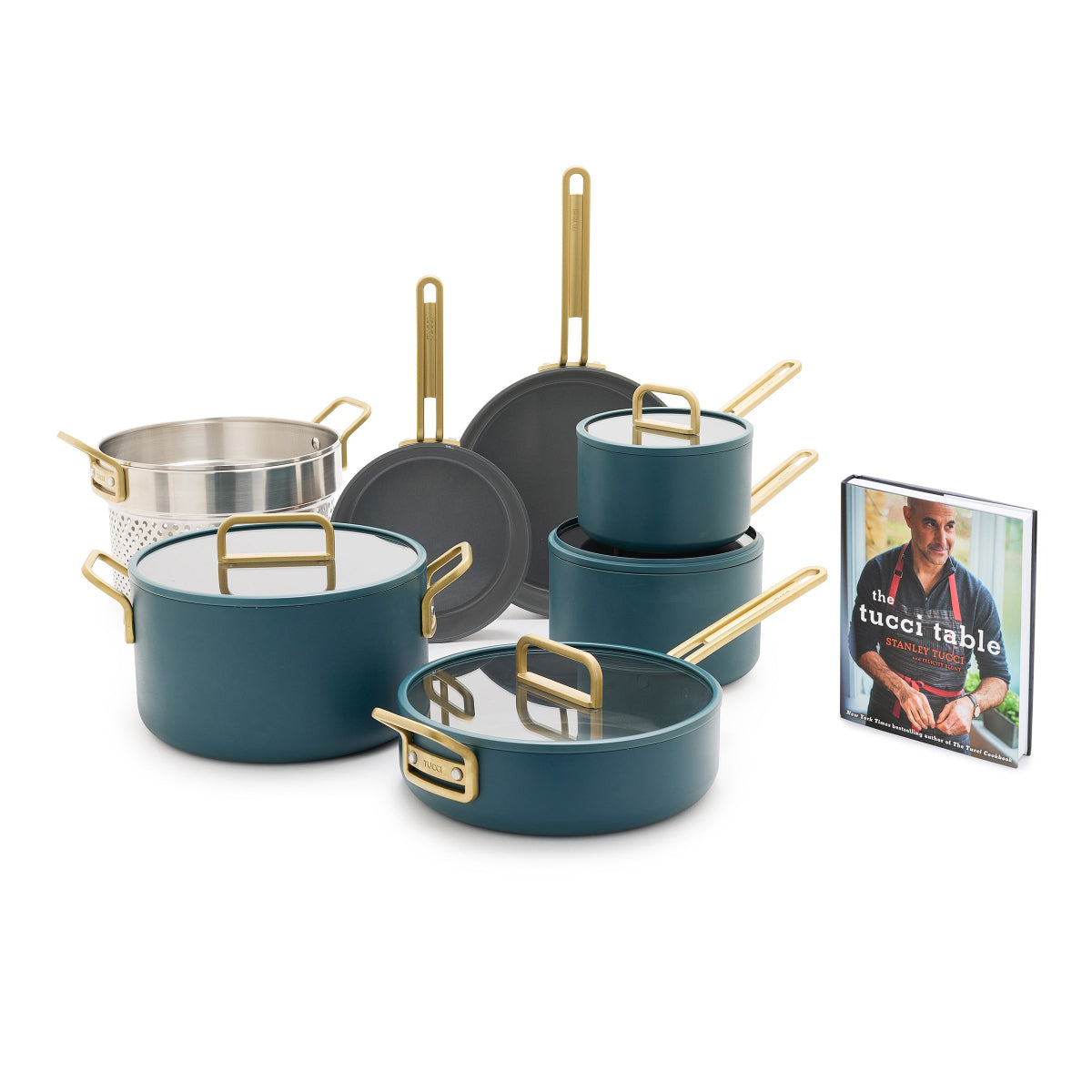 Stanley Tucci™ Ceramic Nonstick 11-Piece Cookware Set with the Tucci Cookbook | Venetian Teal