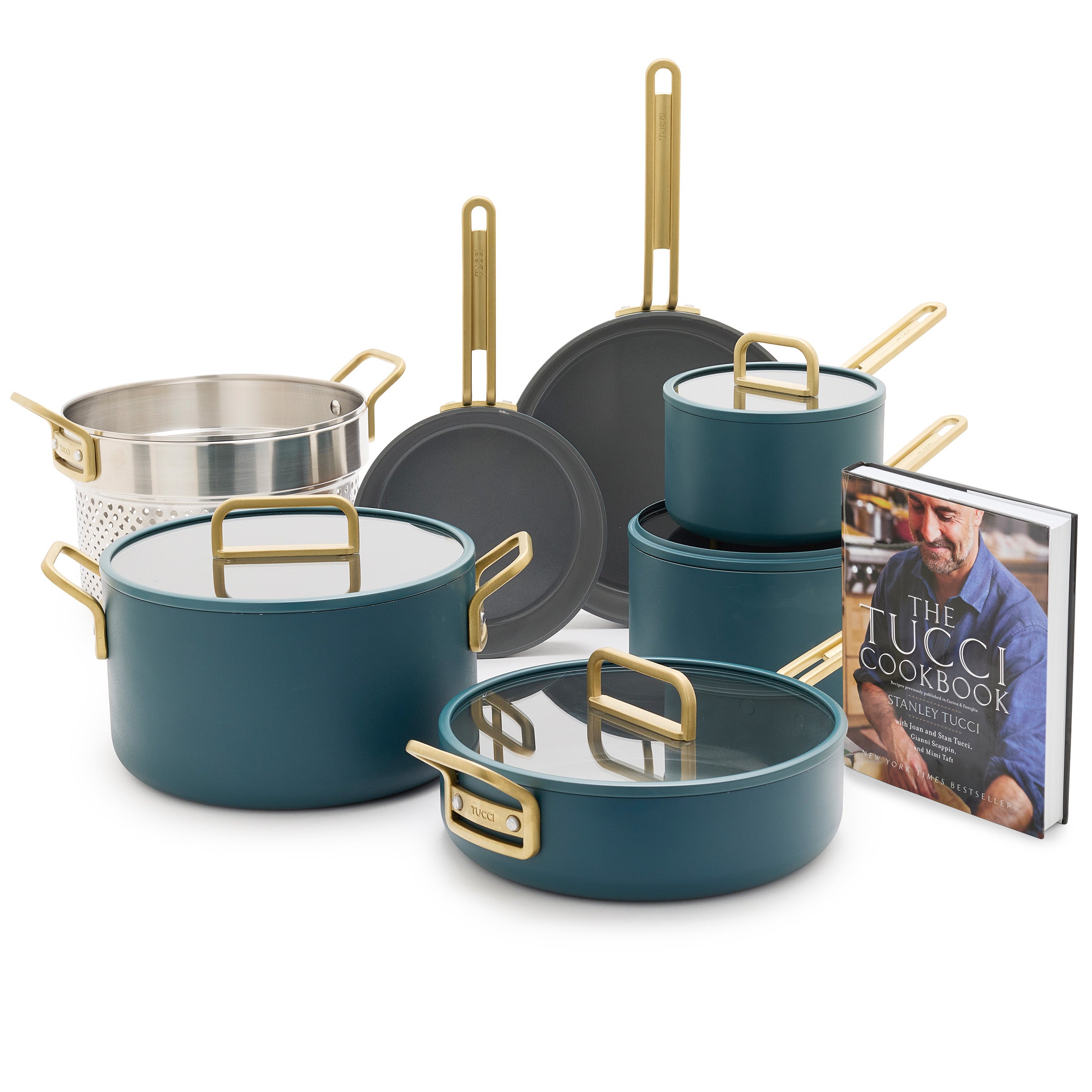 Stanley Tucci™ Ceramic Nonstick 11-Piece Cookware Set with the Tucci Cookbook | Venetian Teal