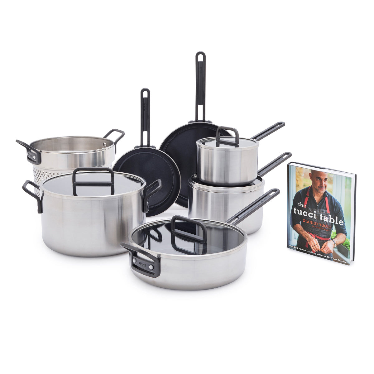 Stanley Tucci™ Stainless Steel Ceramic Nonstick 11-Piece Cookware Set with The Tucci Cookbook | Black Handles