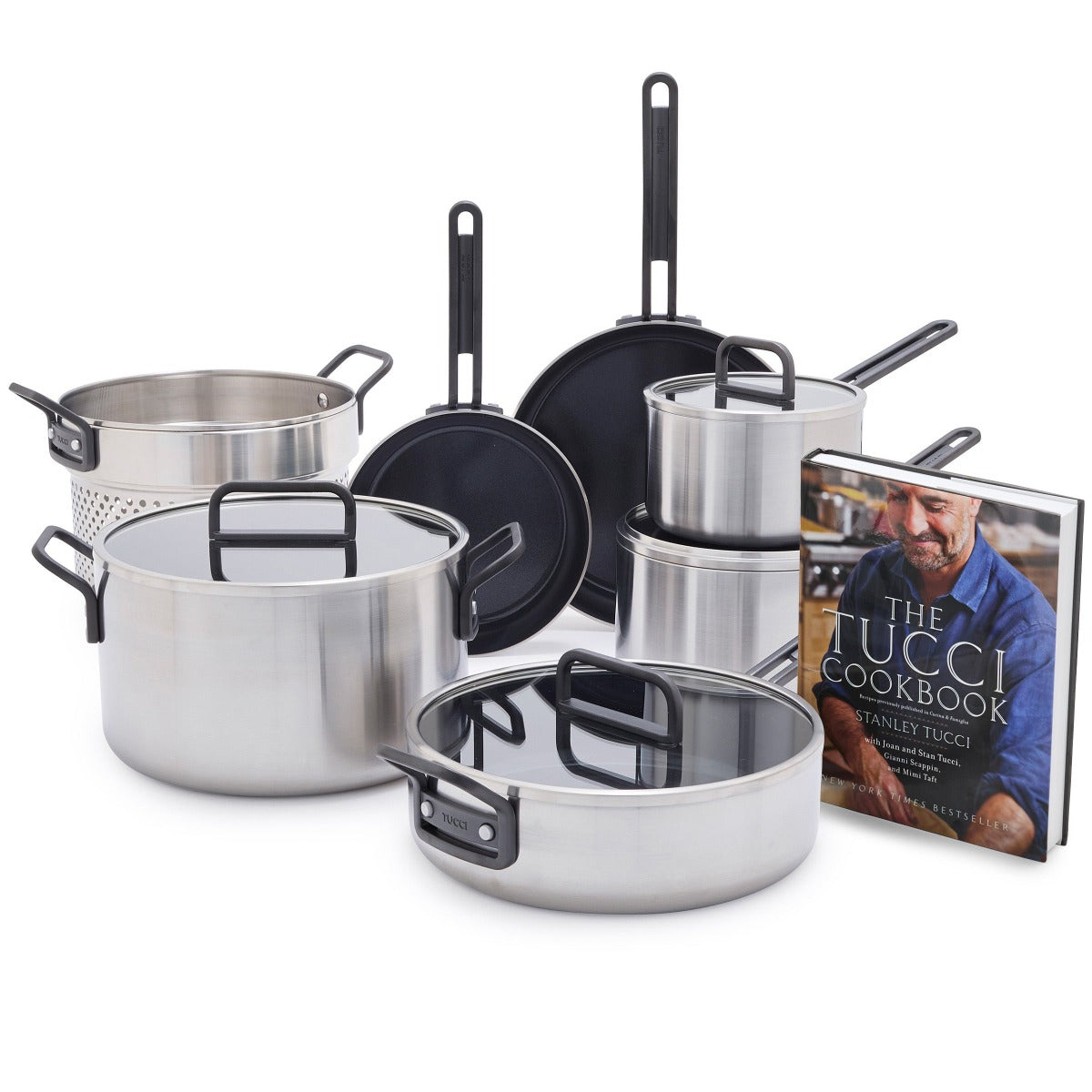 Stanley Tucci™ Stainless Steel Ceramic Nonstick 11-Piece Cookware Set with The Tucci Cookbook | Black Handles