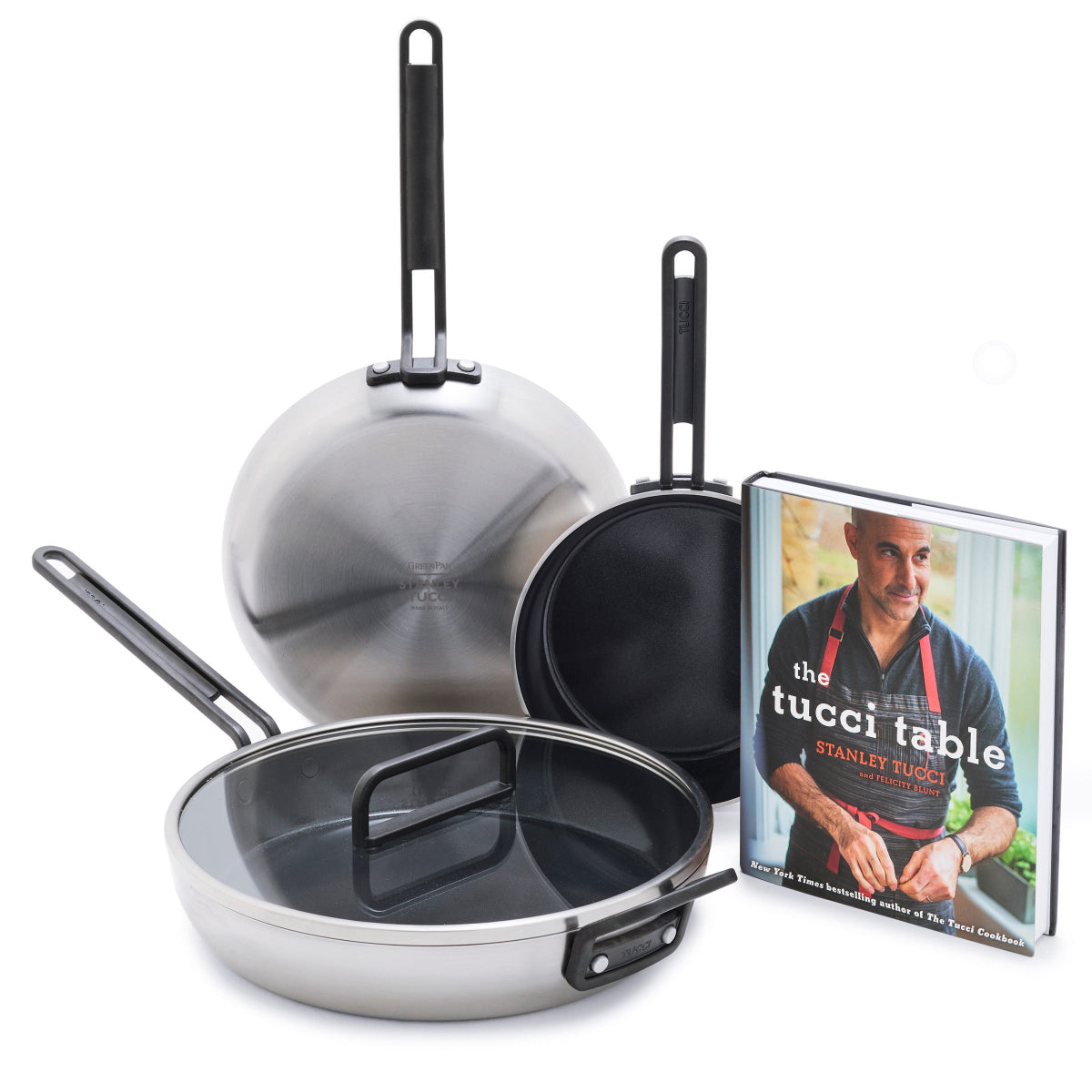 Stanley Tucci™ Stainless Steel Ceramic Nonstick 4-Piece Frypan Set with The Tucci Cookbook | Black Handles