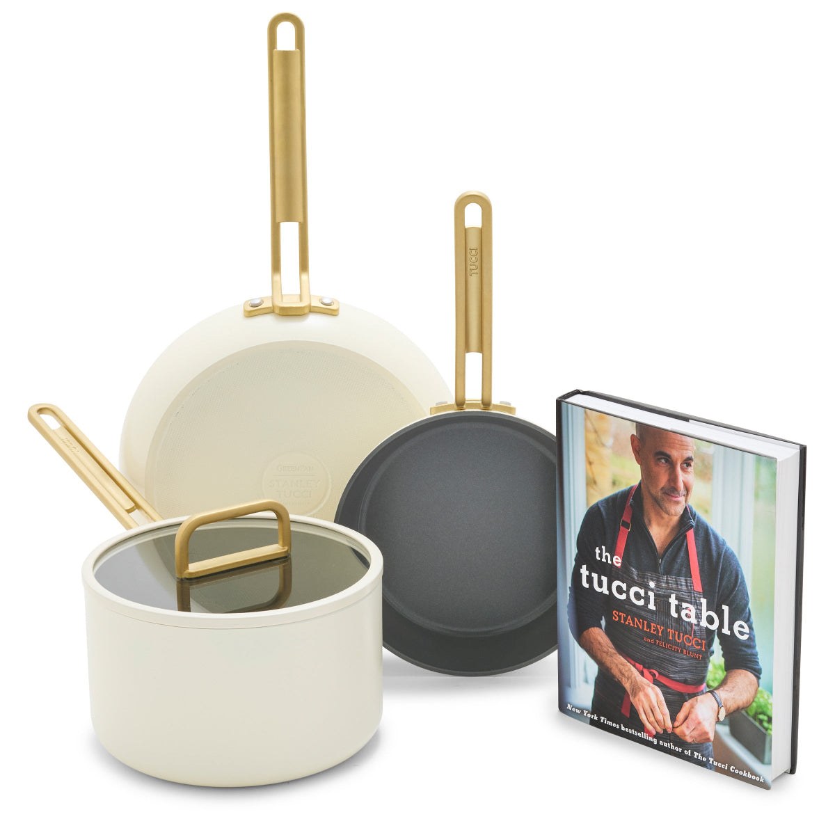 Stanley Tucci™ Ceramic Nonstick 4-Piece Chef Set with the Tucci Cookbook | Carrara White