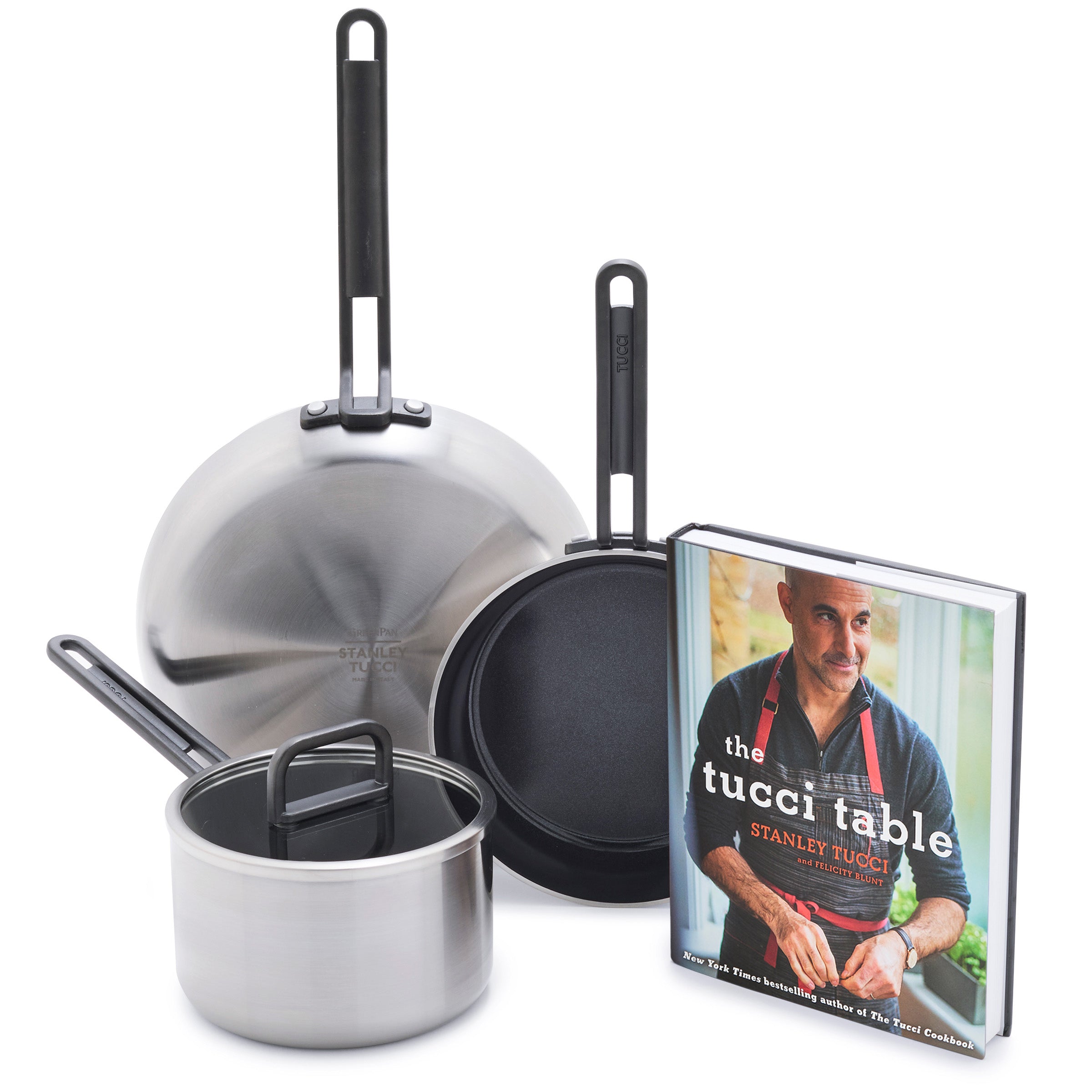 Stanley Tucci™ Stainless Steel Ceramic Nonstick 4-Piece Essentials Cookware Set with The Tucci Cookbook | Black Handles