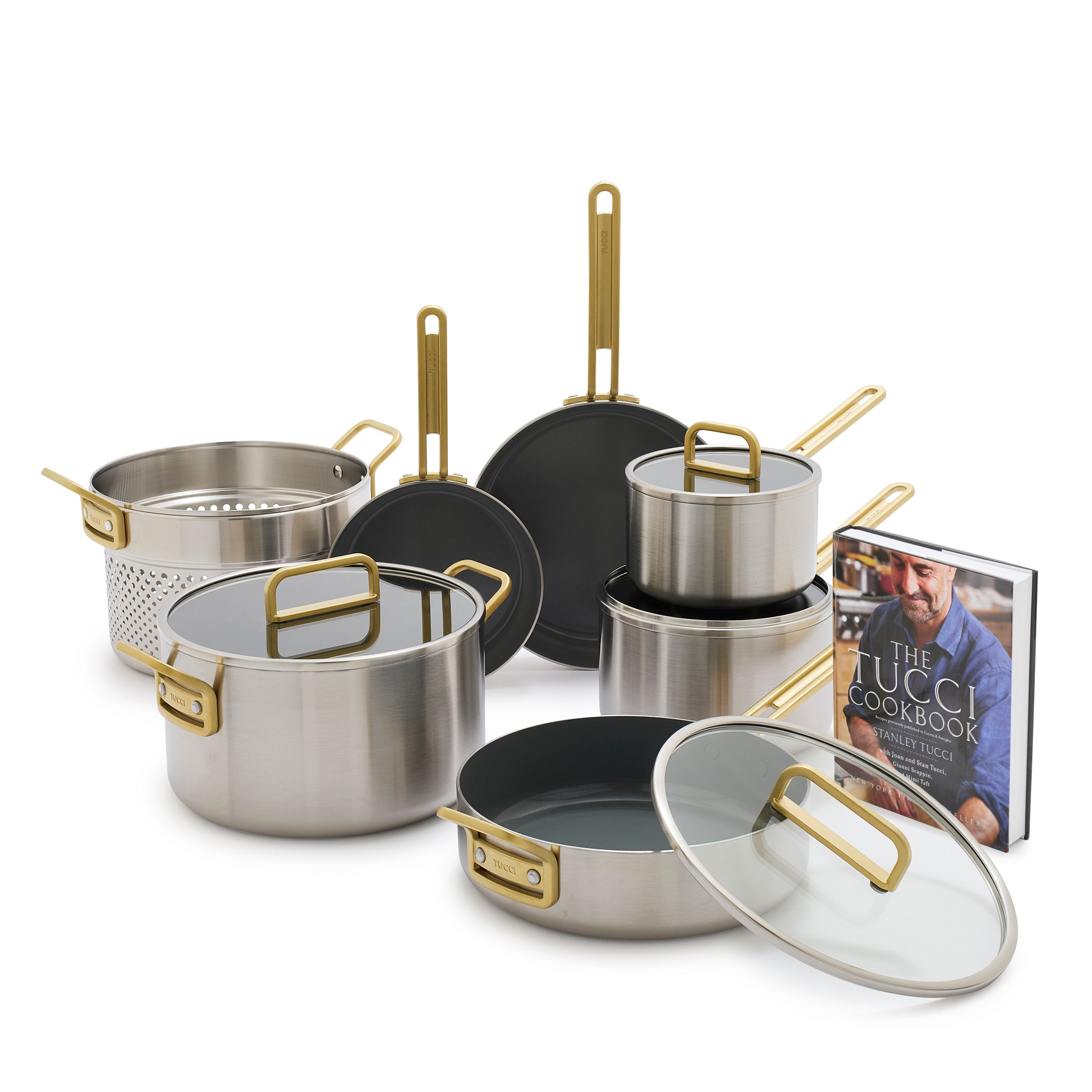 Stanley Tucci™ Stainless Steel Ceramic Nonstick 11-Piece Cookware Set with The Tucci Cookbook | Champagne Handles