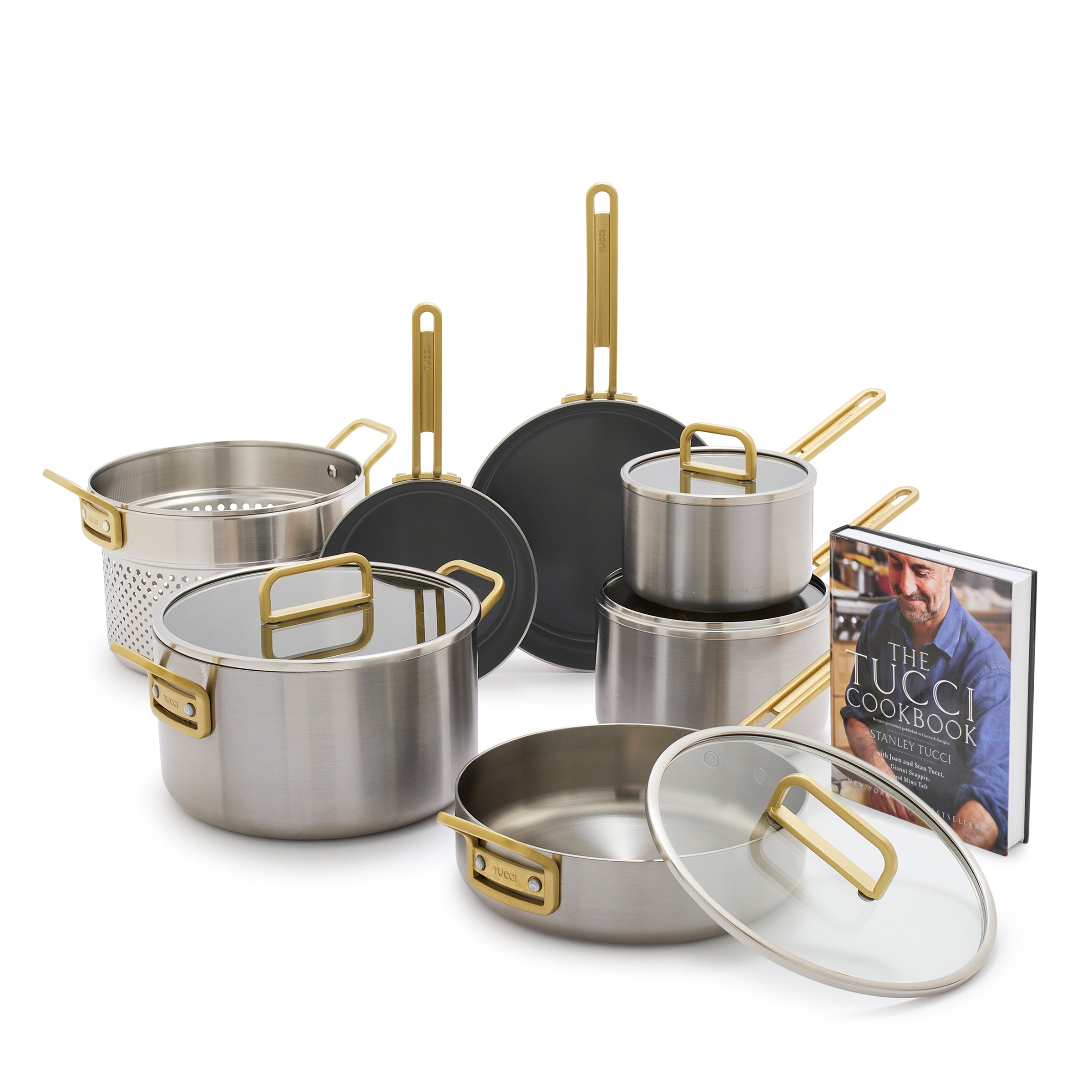 Stanley Tucci™ Mixed Material Stainless Steel 11-Piece Cookware Set with the Tucci Cookbook