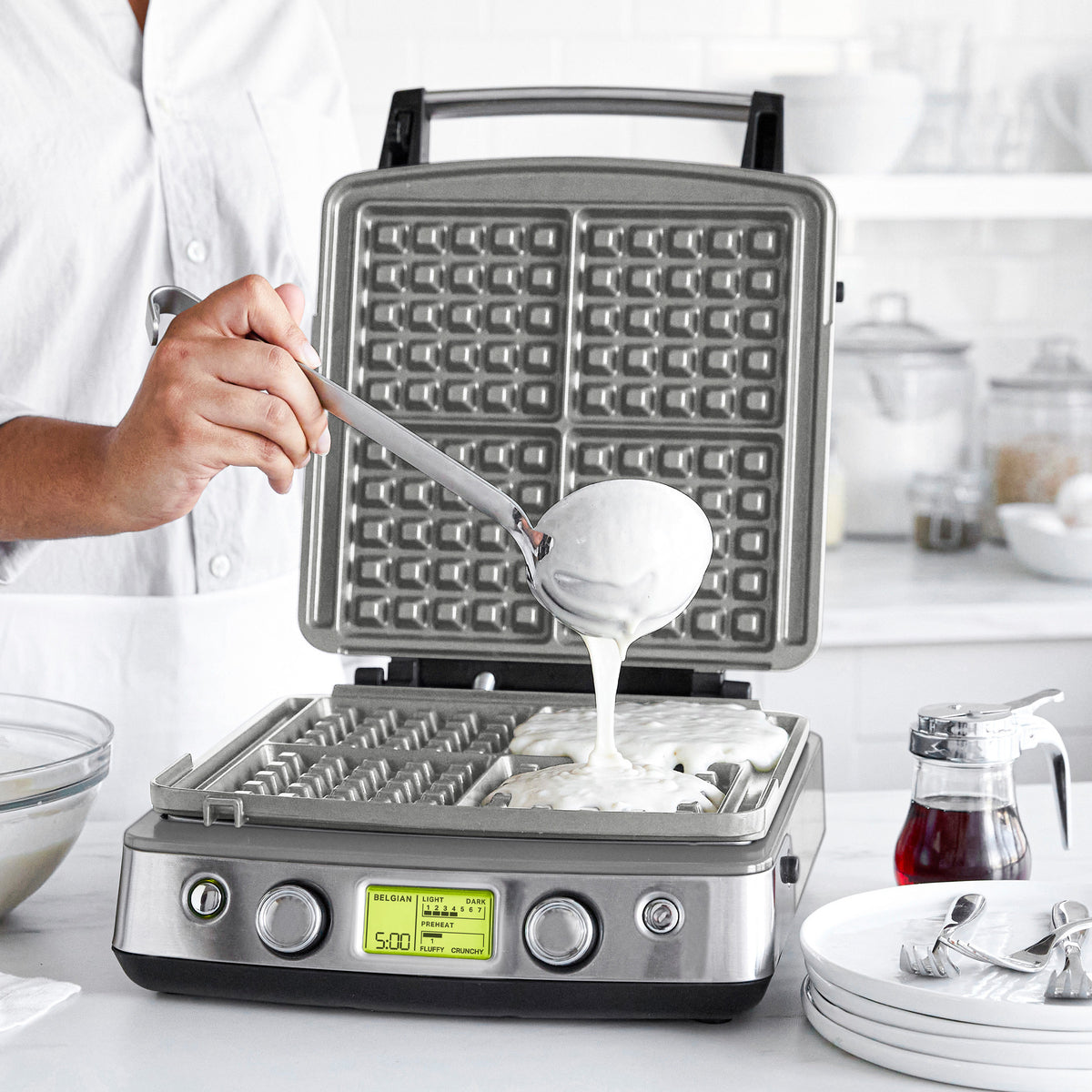 Elite Ceramic Nonstick 4-Square Waffle Maker, Premiere Stainless Stee