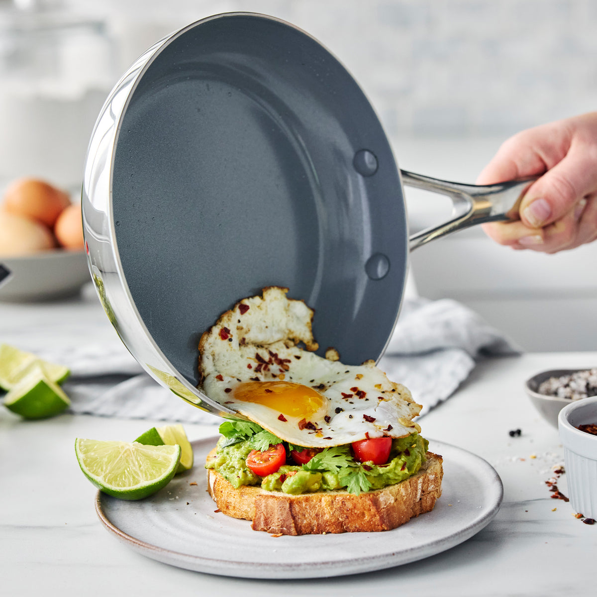 Egg sliding off ceramic nonstick Valencia Pro stainless steel frypan