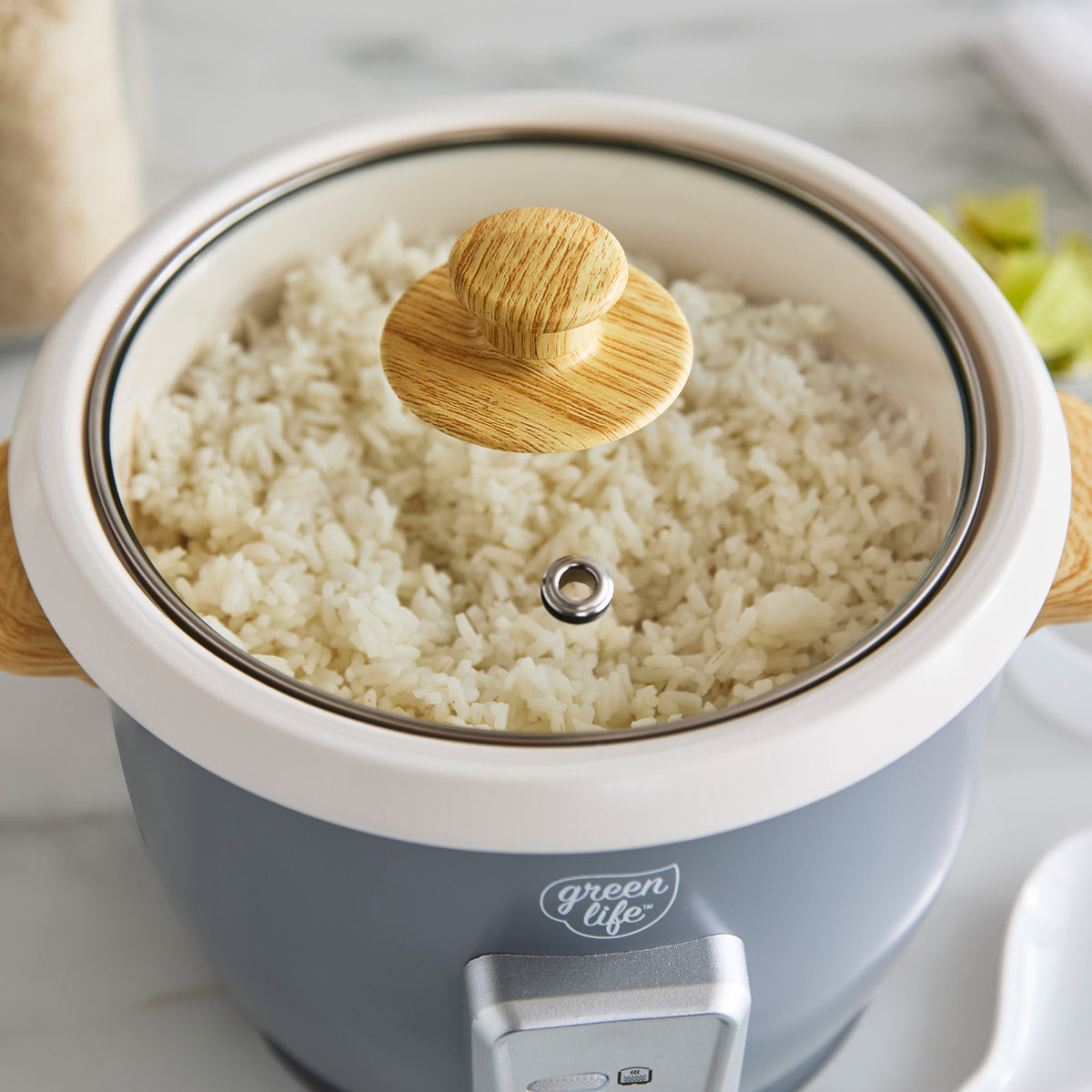 Rice cooker with stay-cool, wood-print handles