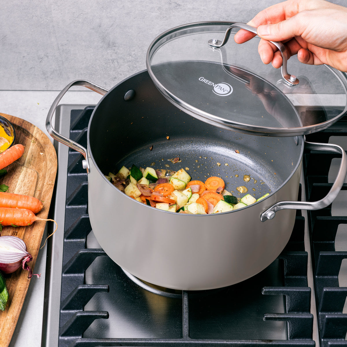 Canterbury cookware with durable glass lids