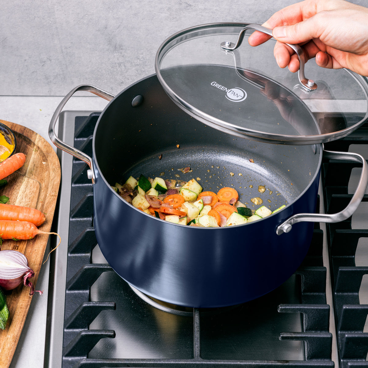 Canterbury cookware with durable glass lids