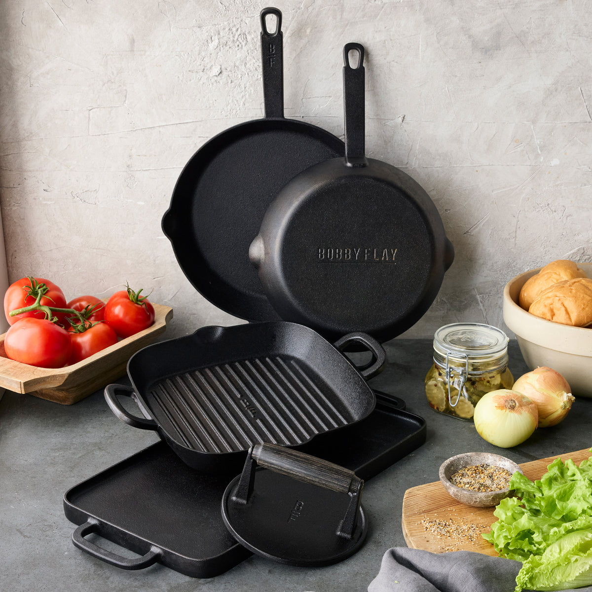 Bobby Flay by GreenPan 5-Piece Cast Iron Set with Bobby at Home Cookbook