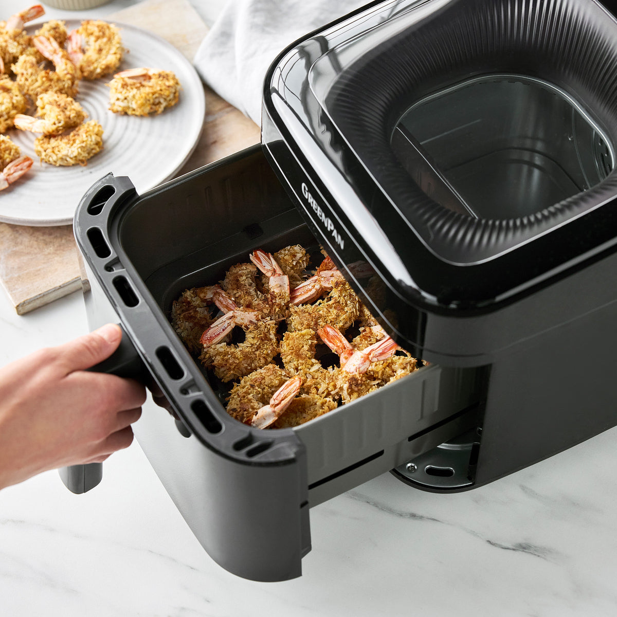 Air fryer with nonstick drawer and tray