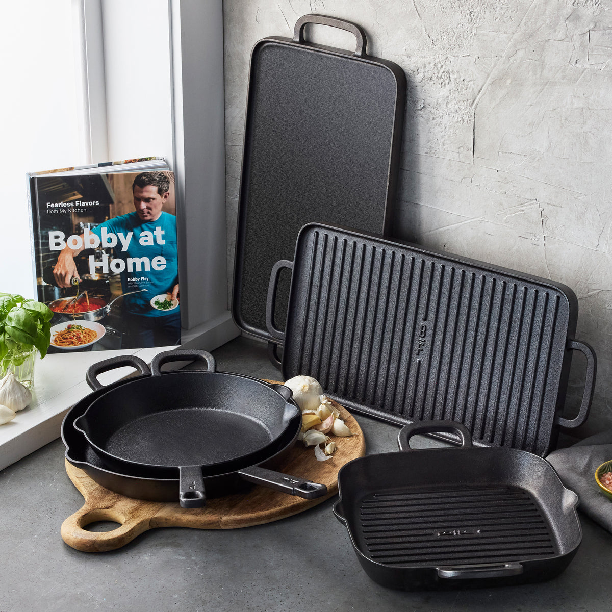 Bobby Flay by GreenPan 4-Piece Cast Iron Set with Bobby at Home Cookbook