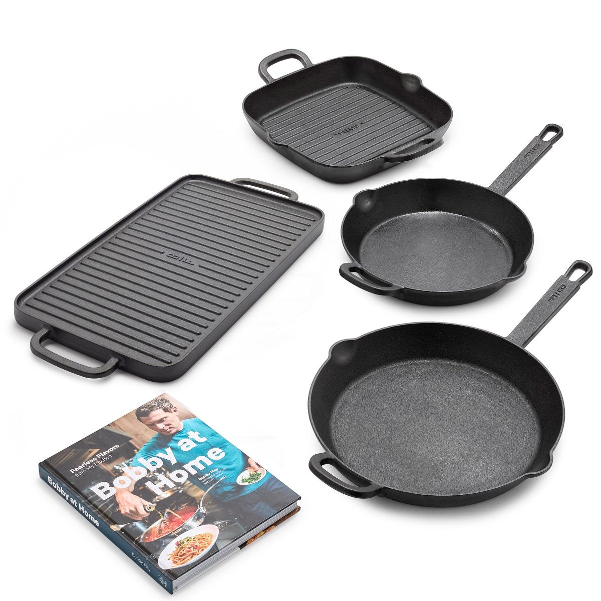 Bobby Flay by GreenPan 4-Piece Cast Iron Set with Bobby at Home Cookbook