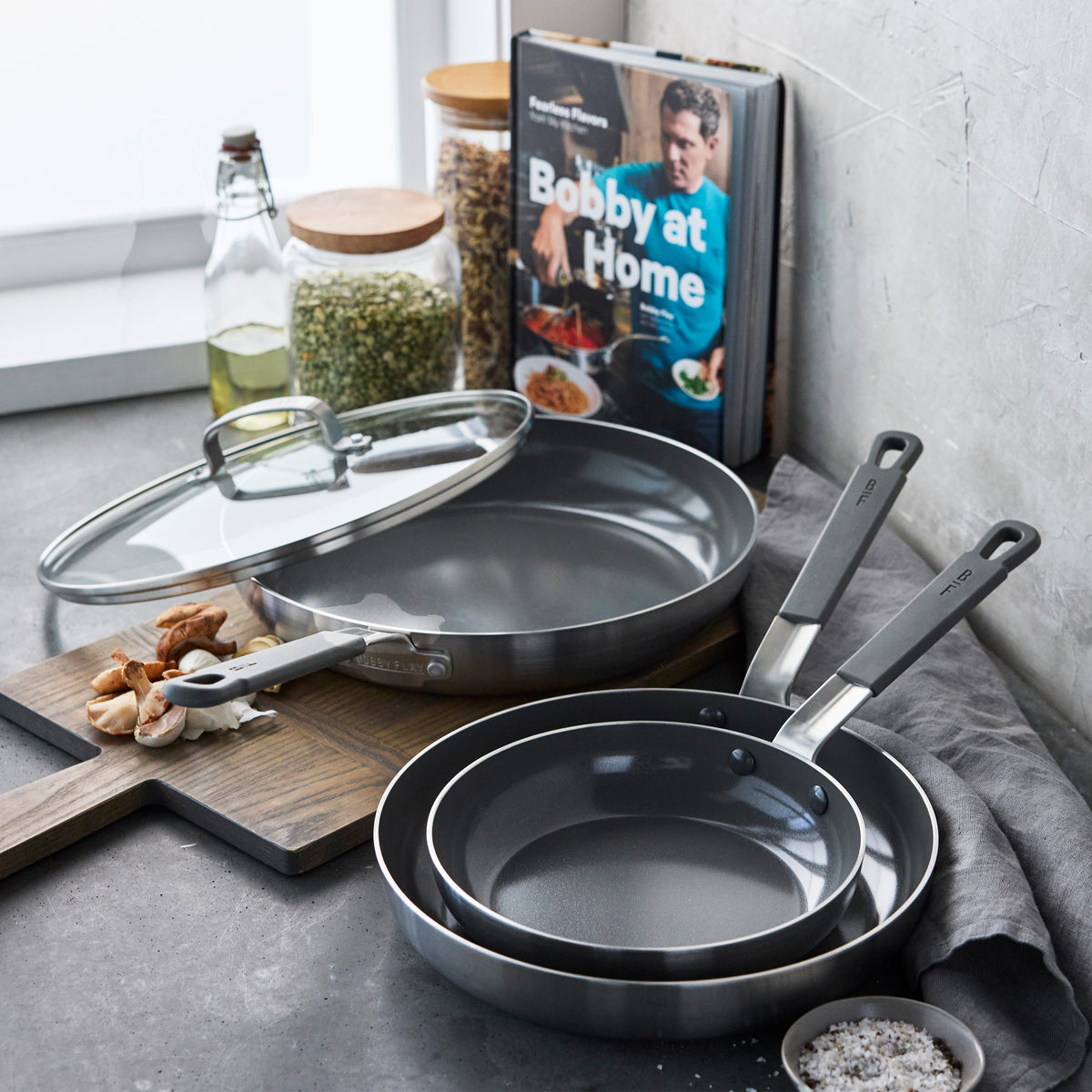 Bobby Flay by GreenPan 4-Piece Stainless Steel Frypan Set with Bobby at Home Cookbook