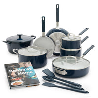 Bobby Flay by GreenPan 13-Piece Professional Nonstick Set and 5.5-Quart Enameled Dutch Oven with Bobby at Home Cookbook | Oxford Blue