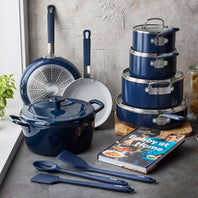 Bobby Flay by GreenPan 13-Piece Professional Nonstick Set and 5.5-Quart Enameled Dutch Oven with Bobby at Home Cookbook | Oxford Blue