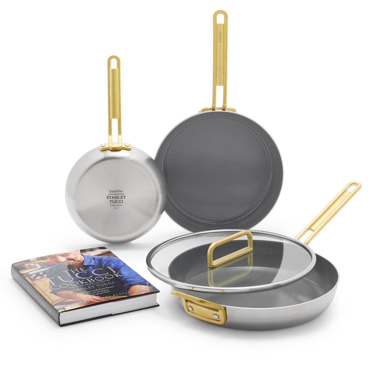 Stanley Tucci™ Stainless Steel Ceramic Nonstick 4-Piece Frypan Set with The Tucci Cookbook | Champagne Handles