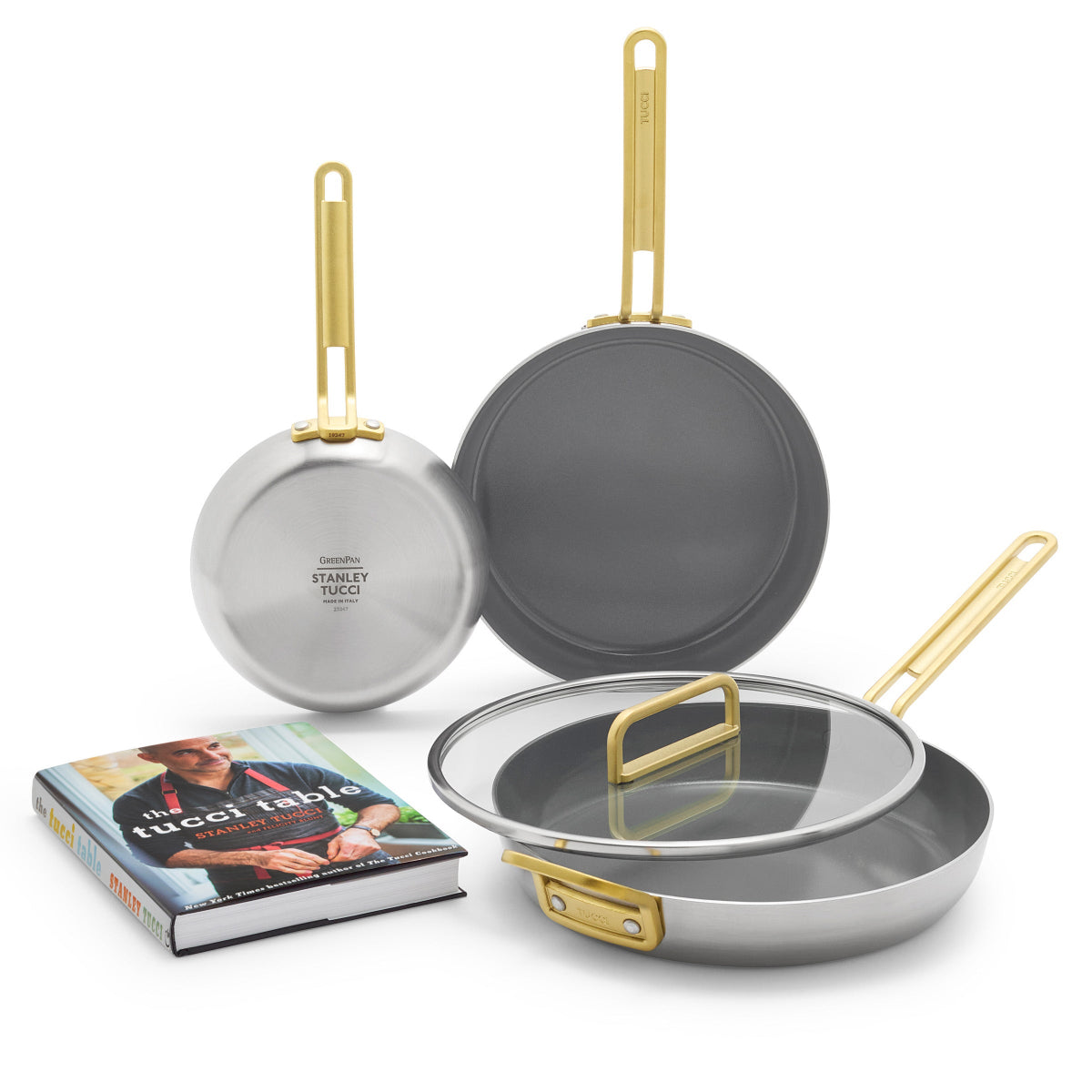 Stanley Tucci™ Stainless Steel Ceramic Nonstick 4-Piece Frypan Set with The Tucci Cookbook | Champagne Handles