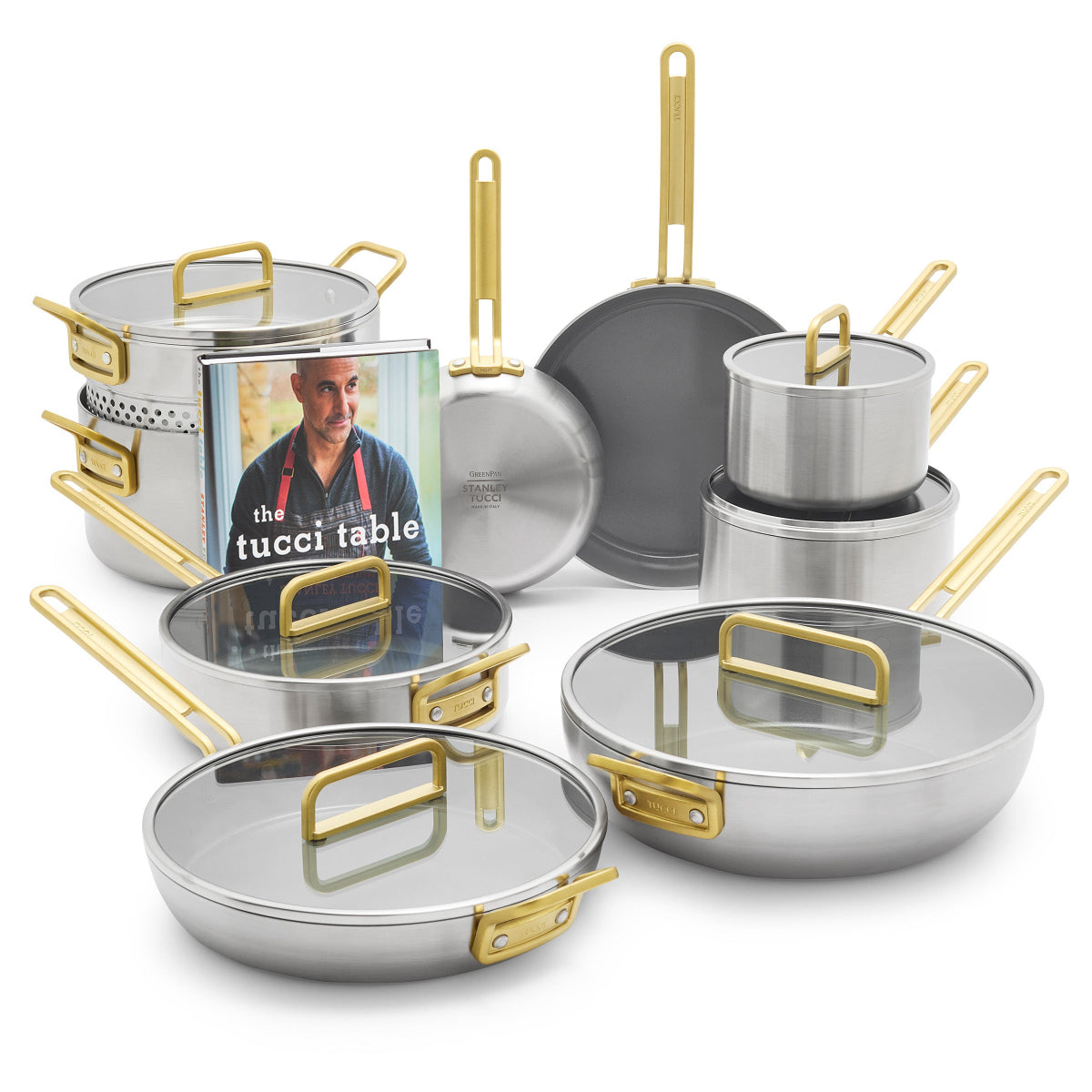 Stanley Tucci™ Stainless Steel Ceramic Nonstick 15-Piece Cookware Set with The Tucci Cookbook