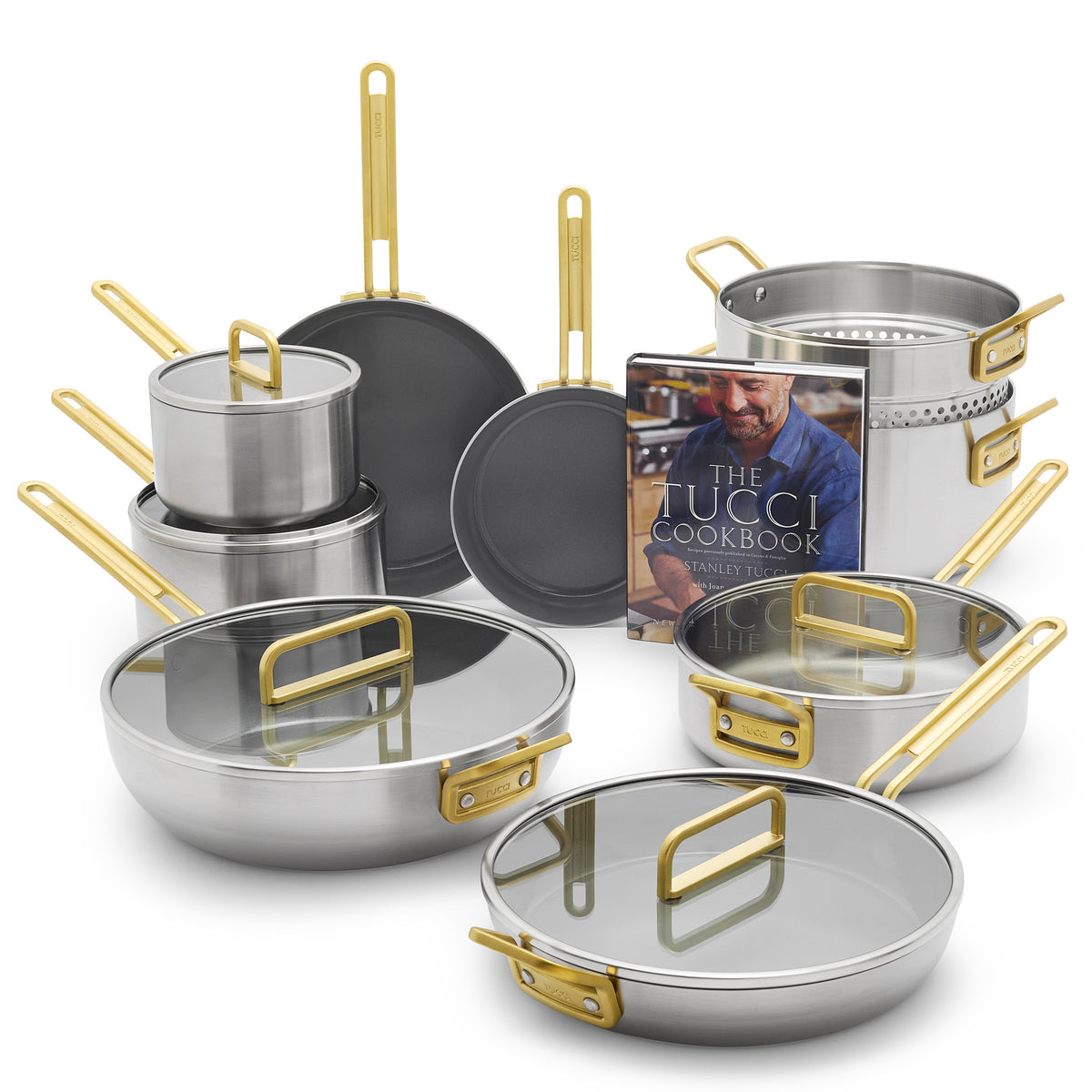 Stanley Tucci™ Mixed Material Stainless Steel 15-Piece Cookware Set with the Tucci Cookbook