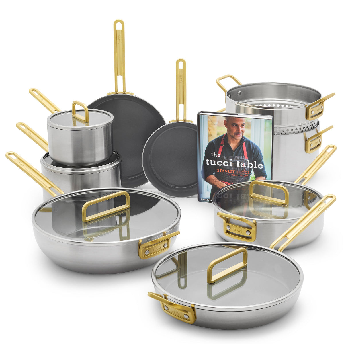 Stanley Tucci™ Mixed Material Stainless Steel 15-Piece Cookware Set with the Tucci Cookbook