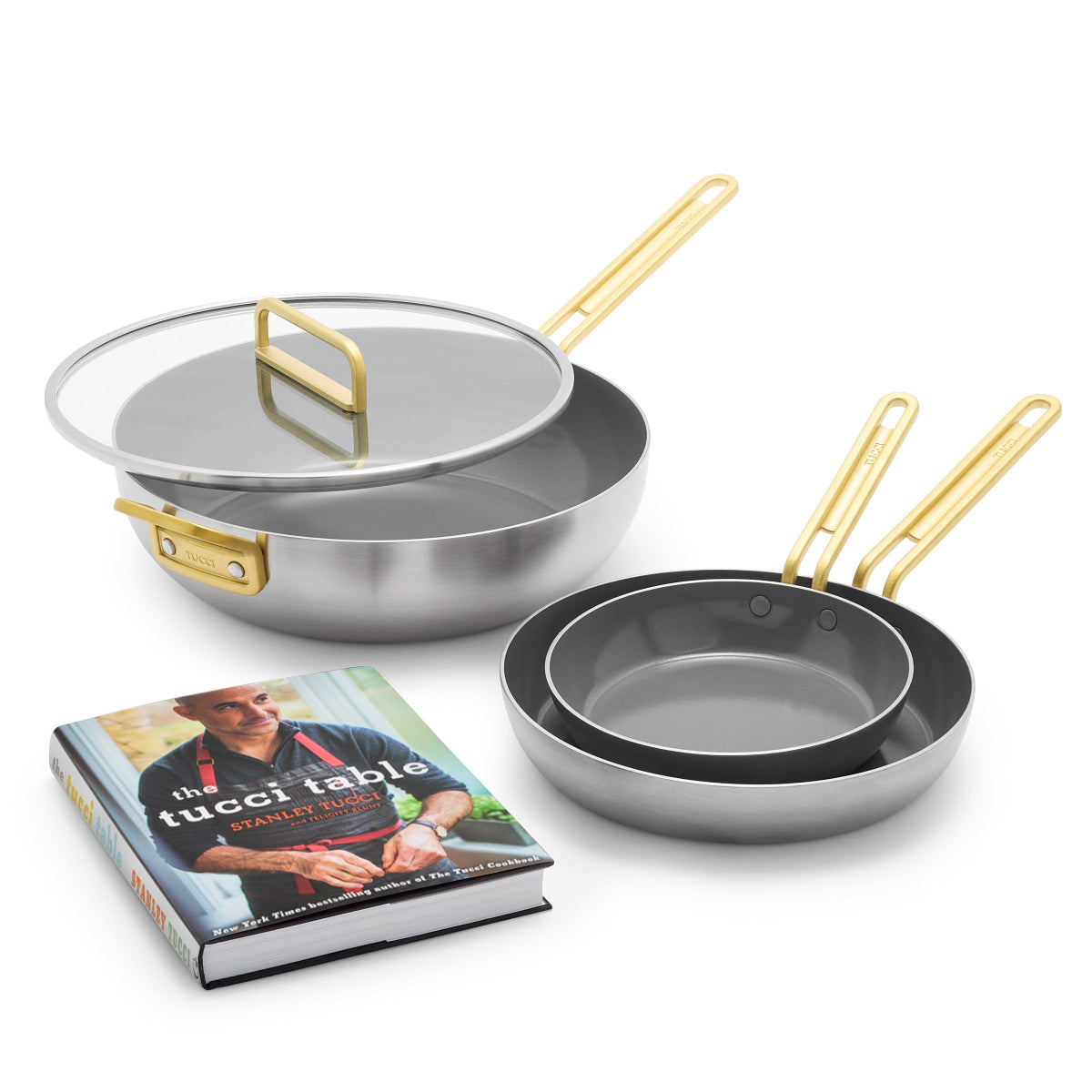 Stanley Tucci™ Stainless Steel Ceramic Nonstick 4-Piece Essentials Cookware Set with The Tucci Cookbook | Champagne Handles