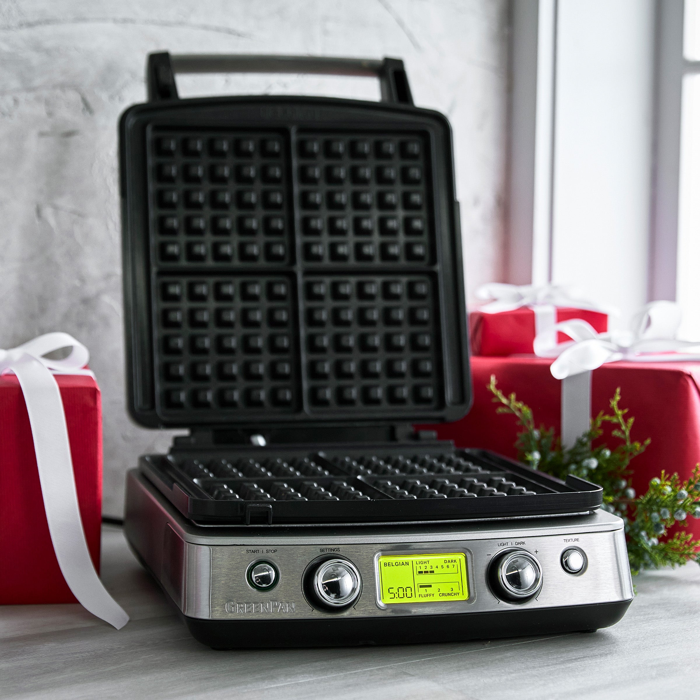 Elite Ceramic Nonstick 4-Square Waffle Maker | Premiere Stainless Steel