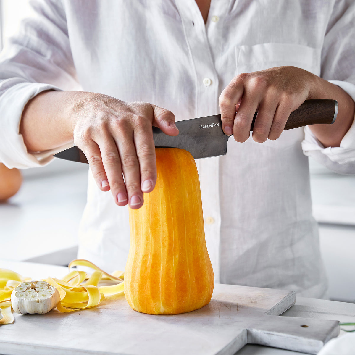 Slicing squash with a chef's knife