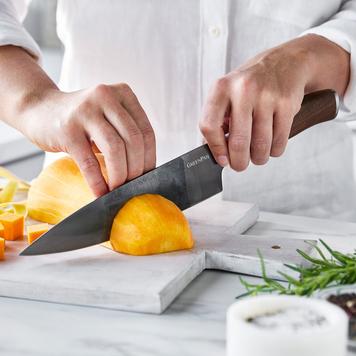 Slicing squash with a GreenPan knife