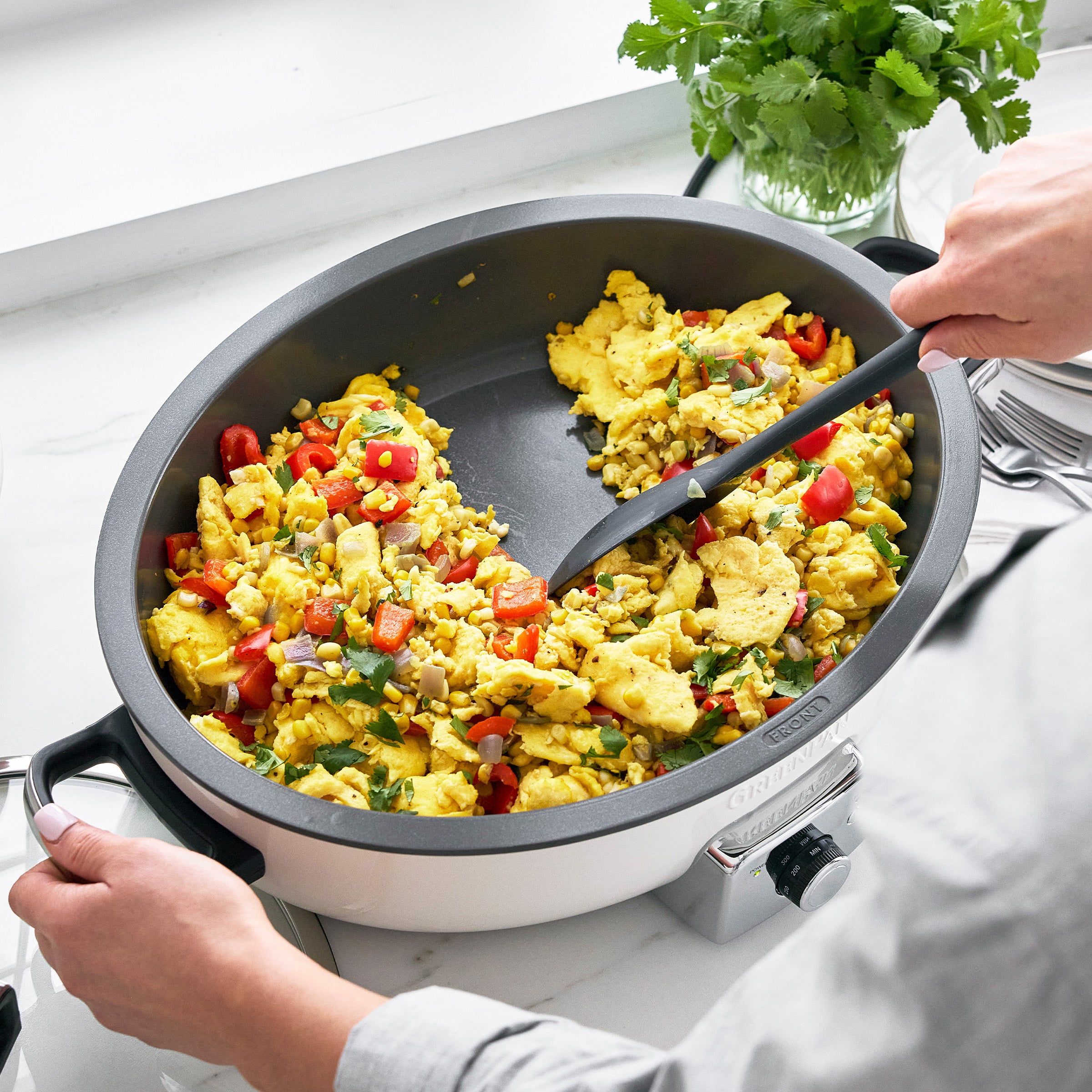 Oval electric skillet with stay-cool handles