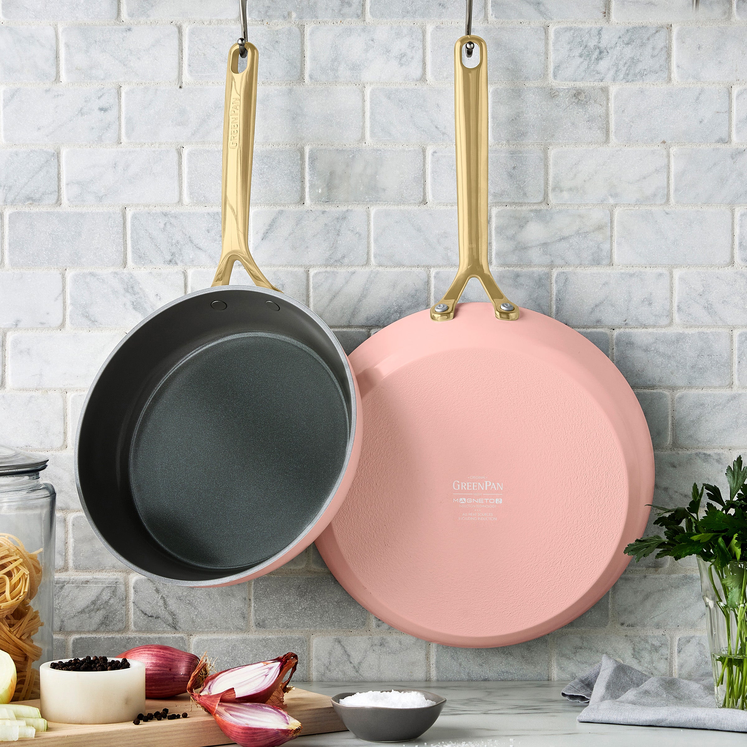 GP5 Colors Ceramic Nonstick 9.5" and 11" Frypan Set with Champagne Handles | Dusty Rose