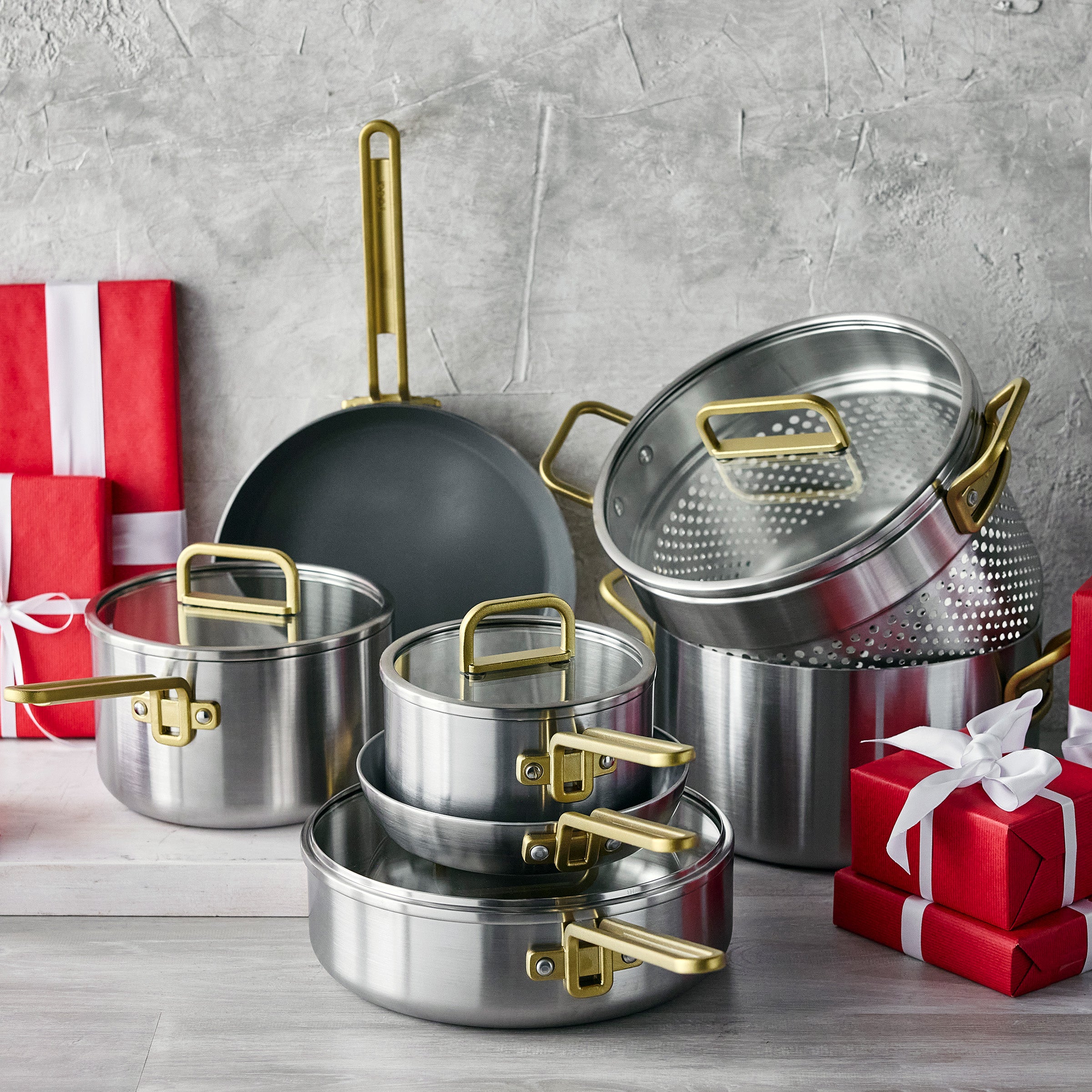 Stanley Tucci™ Stainless Steel Ceramic Nonstick 11-Piece Cookware Set with The Tucci Cookbook | Champagne Handles