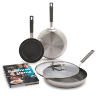 Bobby Flay by GreenPan 4-Piece Stainless Steel Frypan Set with Bobby at Home Cookbook