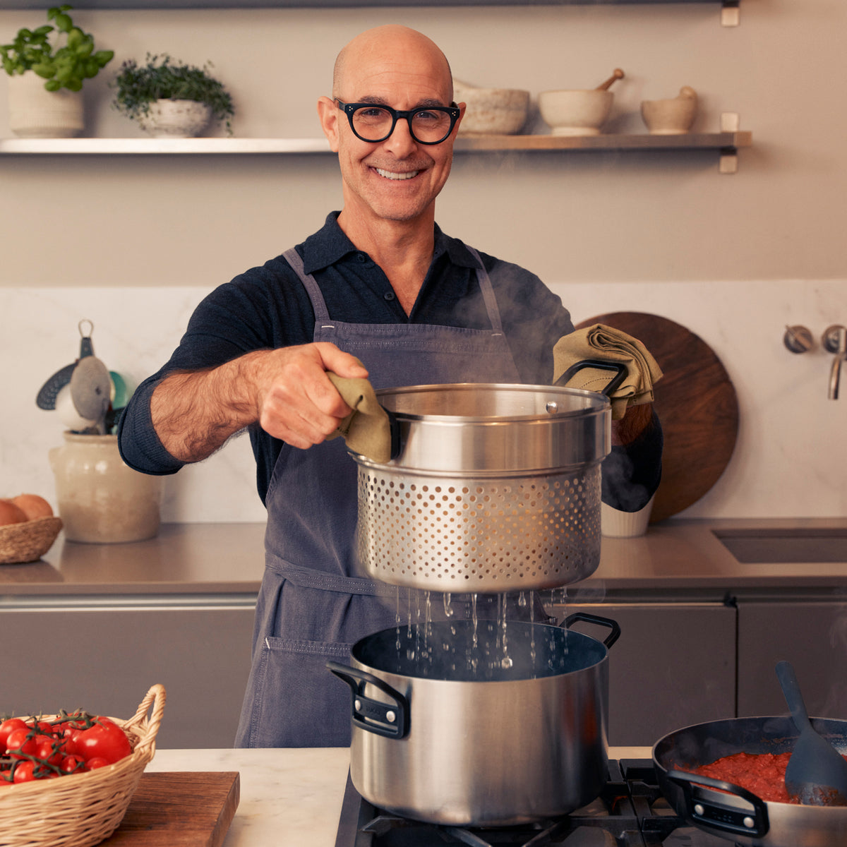 Stanley Tucci™ Stainless Steel Ceramic Nonstick 11-Piece Cookware Set with The Tucci Cookbook | Black Handles