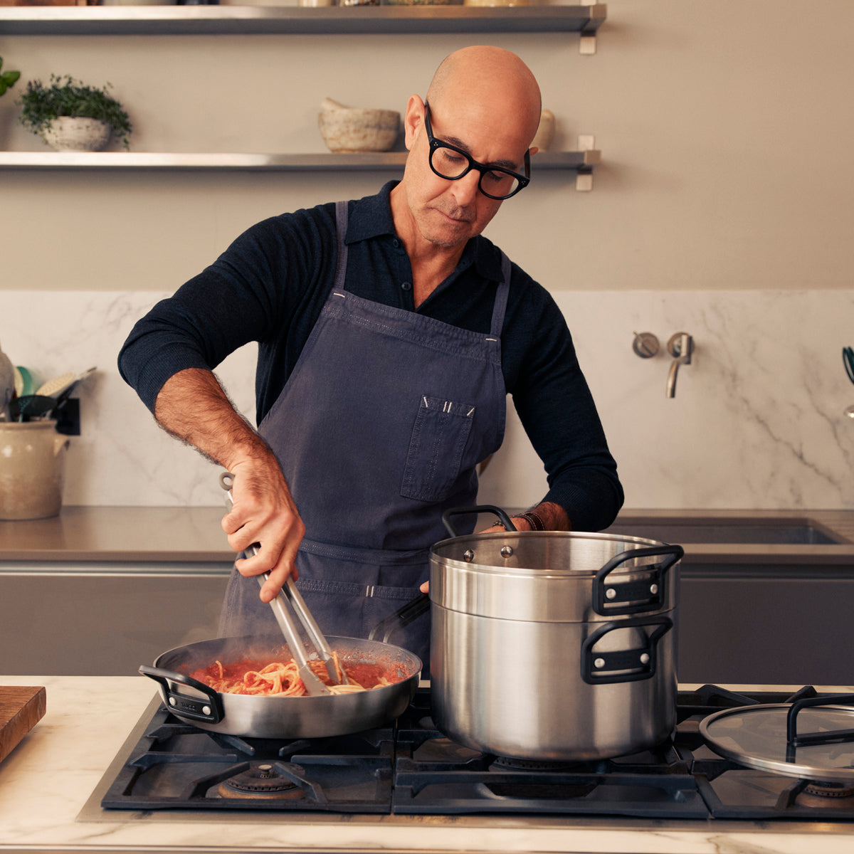 Stanley Tucci™ Stainless Steel Ceramic Nonstick 4-Piece Frypan Set with The Tucci Cookbook | Black Handles