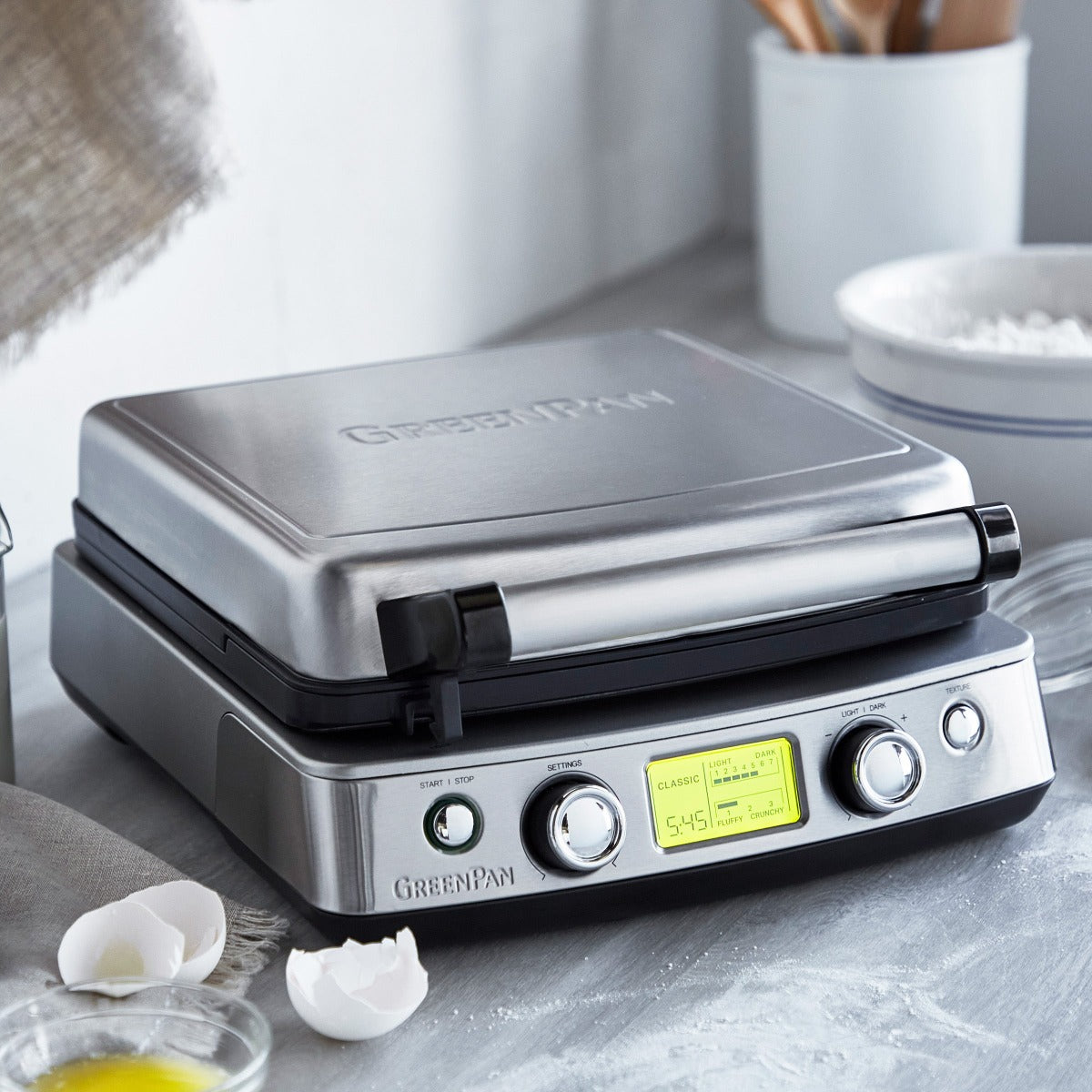 Elite Ceramic Nonstick 4-Square Waffle Maker | Premiere Stainless Steel