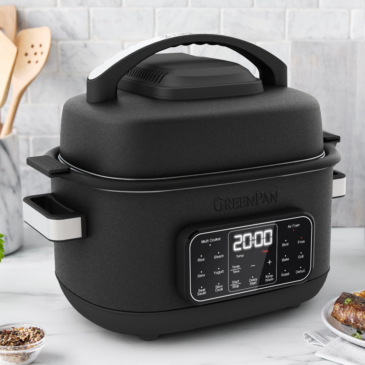  GreenPan Stainless Steel 13-in-1 Air Fryer Slow Cooker & Grill,  Presets to Steam Saute Broil Bake and Cook Rice, Healthy Ceramic Nonstick  and Dishwasher Safe Parts, Easy-to-use LED Display,Silver: Home 