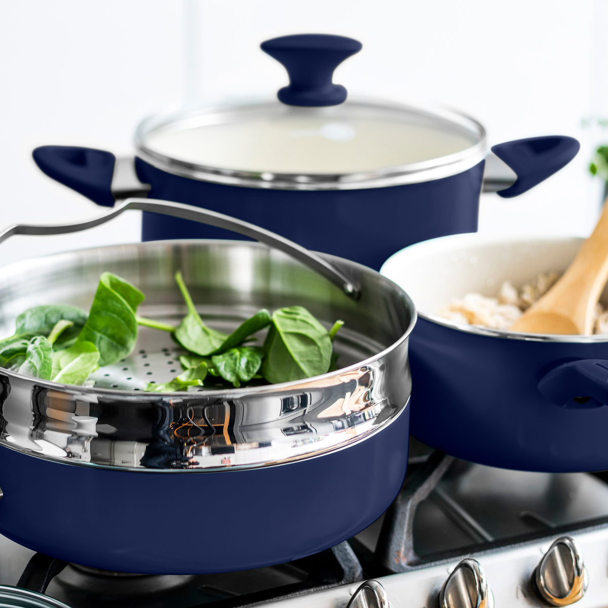 Blue & Pink Diamond Cookware, This ultra-durable Cookware set includes: 9.  5 frying pan, 1QT saucepan with lid, 5QT stock pot with lid, Bamboo  slotted Turner, Bamboo Solid Spoon
