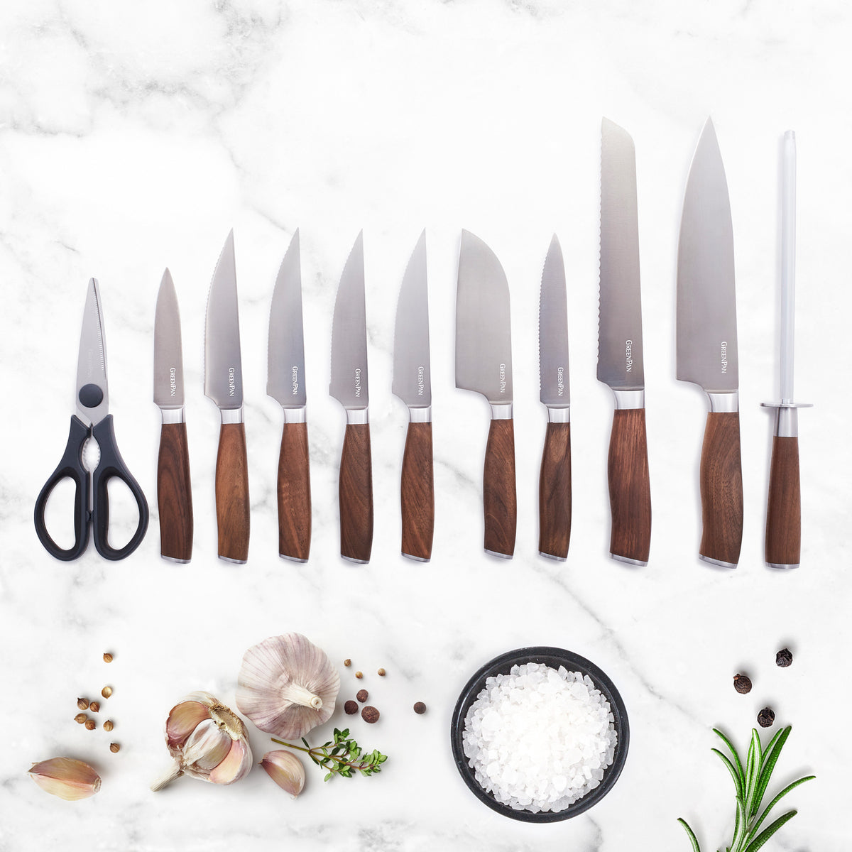 Premiere Titanium Cutlery 12-Piece Knife Block Set with Walnut Handles